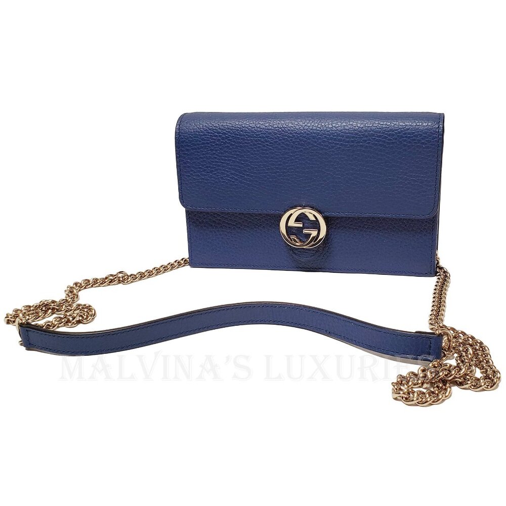 GUCCI BAG 510314 INTERLOCKING G CHAIN BLUE LEATHER CROSSBODY WALLET $1,550 - Picture 2 of 12